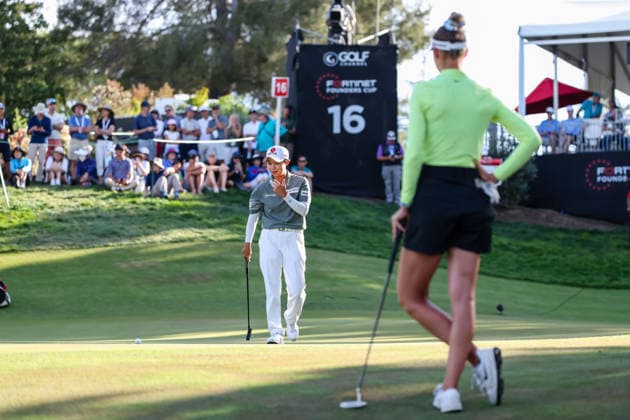 MENLO PARK, CA - MARCH 22: Hyo Joo Kim of South Korea reacts to missing a putt on the 16th hole during the final round of the LPGA, Golf Damen Fortinet Founders Cup on March 22, 2026 at Sharon Heights Golf & Country Club in Menlo Park, CA. (Photo by Matthew Huang Icon Sportswire) GOLF: MAR 22 LPGA Fortinet Founders Cup EDITORIAL USE ONLY Icon2603220754