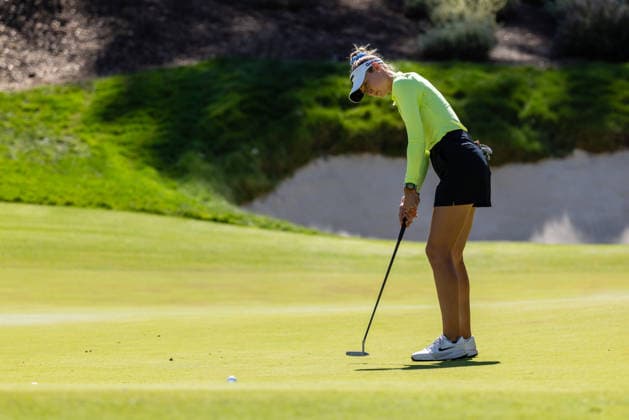 MENLO PARK, CA - MARCH 22: Nelly Korda of the United States makes a birdie putt on the third hole during the final round of the LPGA, Golf Damen Fortinet Founders Cup on March 22, 2026 at Sharon Heights Golf & Country Club in Menlo Park, CA. (Photo by Matthew Huang Icon Sportswire) GOLF: MAR 22 LPGA Fortinet Founders Cup EDITORIAL USE ONLY Icon2603220304