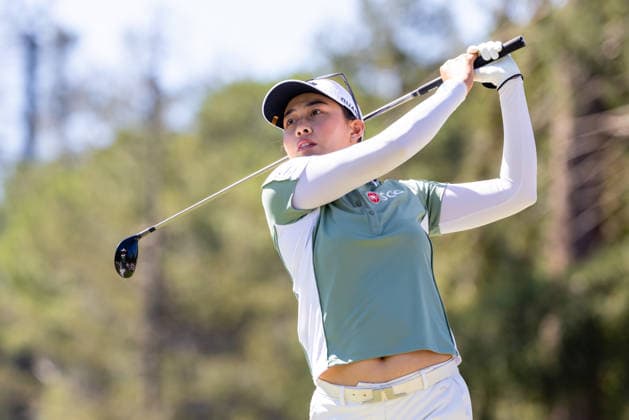 MENLO PARK, CA - MARCH 22: Jeeno Thitikul of Thailand tees off the second hole during the final round of the LPGA, Golf Damen Fortinet Founders Cup on March 22, 2026 at Sharon Heights Golf & Country Club in Menlo Park, CA. (Photo by Matthew Huang Icon Sportswire) GOLF: MAR 22 LPGA Fortinet Founders Cup EDITORIAL USE ONLY Icon2603220184