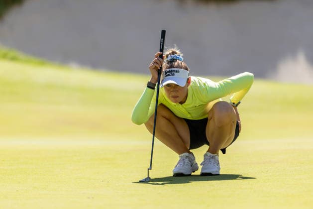 MENLO PARK, CA - MARCH 22: Nelly Korda of the United States lines up her putt on the third hole during the final round of the LPGA, Golf Damen Fortinet Founders Cup on March 22, 2026 at Sharon Heights Golf & Country Club in Menlo Park, CA. (Photo by Matthew Huang Icon Sportswire) GOLF: MAR 22 LPGA Fortinet Founders Cup EDITORIAL USE ONLY Icon2603220294