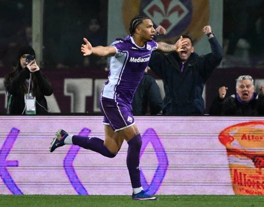 (260323) -- FLORENCE, March 23, 2026 () -- Fiorentina s Cher Ndour celebrates scoring during a Serie A football match between Fiorentina and Inter Milan in Florence, Italy, March 22, 2026. () (SP)ITALY-FLORENCE-FOOTBALL-SERIE A-FIORENTINA VS INTER MILAN Xinhua 