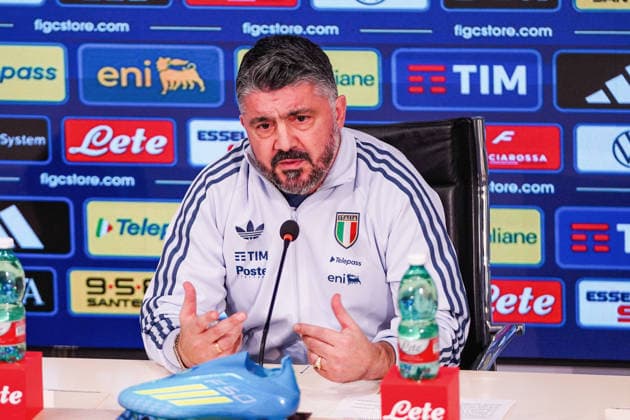 L allenatore della nazionale italiana di calcio Gennaro Gattuso durante la conferenza stampa della Nazionale italiana presso il Centro tecnico federale di Coverciano a Firenze, Italia - 23 marzo 2026. - Calcio (Foto di LaPresse) The head coach of Italy Gennaro Gattuso gestures during the Italia team press conference, PK, Pressekonferenz at federal technical center of Coverciano in Florence, Italy - March 23, 2026. Sport - Soccer  Copyright: xLaPressex