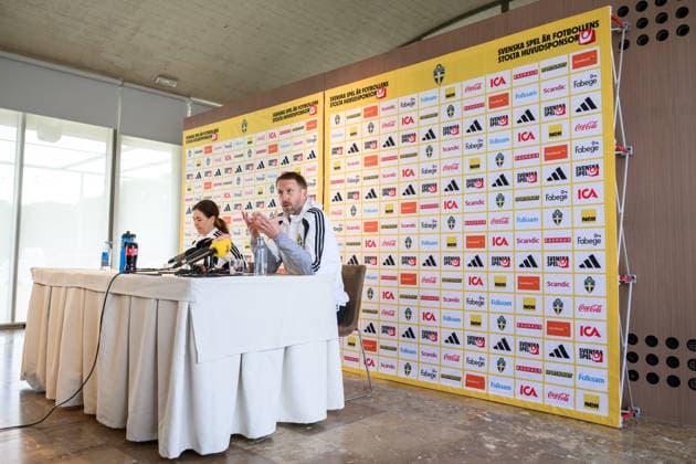260323 Head coach Graham Potter of the Swedish national football team during a press conference on March 23, 2026 in Valencia Photo Joel Marklund BILDBYRAN kod JM JM0803 bbeng fotboll football soccer fotball vm kval fifa world cup qualifier presskonferens press conference sverige sweden sverige a  Copyright: JOELxMARKLUND BB260323JM012