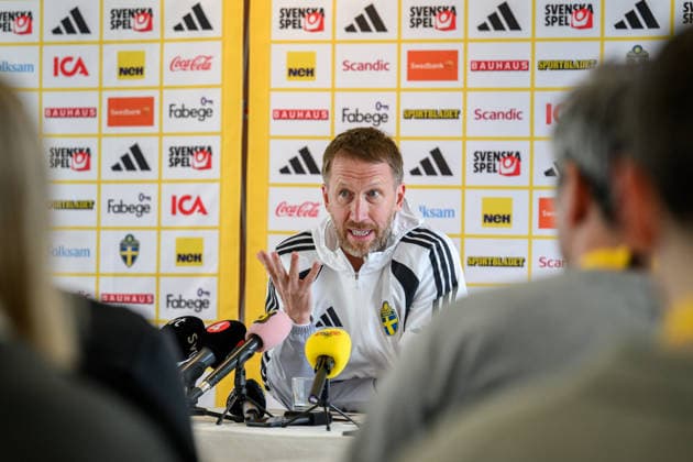 260323 Head coach Graham Potter of the Swedish national football team during a press conference on March 23, 2026 in Valencia Photo Joel Marklund BILDBYRAN kod JM JM0803 bbeng fotboll football soccer fotball vm kval fifa world cup qualifier presskonferens press conference sverige sweden sverige a  Copyright: JOELxMARKLUND BB260323JM015