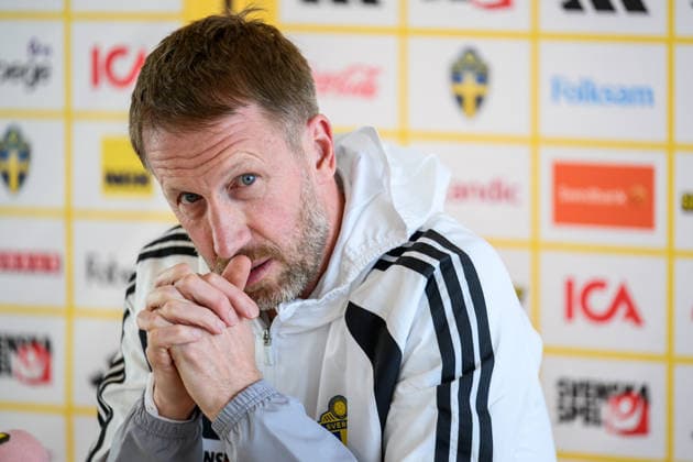 260323 Head coach Graham Potter of the Swedish national football team during a press conference on March 23, 2026 in Valencia Photo Joel Marklund BILDBYRAN kod JM JM0803 bbeng fotboll football soccer fotball vm kval fifa world cup qualifier presskonferens press conference sverige sweden sverige a  Copyright: JOELxMARKLUND BB260323JM021