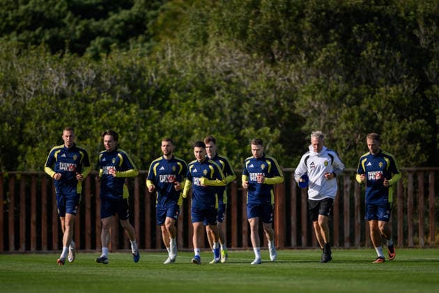 260323 Gustaf Nilsson, Mattias Svanberg, Jesper Karlström, Roony Bardghji, Williot Swedberg, Gabriel Gudmundsson and Gustav Lundgren of the Swedish national football team during a training session on March 23, 2026 in Valencia Photo Joel Marklund BILDBYRAN kod JM JM0804 bbeng fotboll football soccer fotball vm kval fifa world cup qualifier qualifier träning practice training sverige sweden sverige a  Copyright: JOELxMARKLUND BB260323JM031