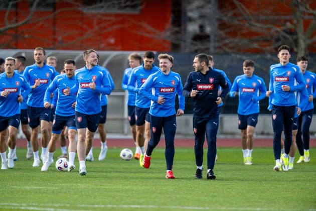 Pavel Sulc (middle) attends a training session of the Czech national football team before the World Cup playoffs, in Prague, Czech Republic, on March 23, 2026. (CTKxPhoto OndrejxDeml) CTKPhotoP2026032306212  CTKPhotoP2026032306212