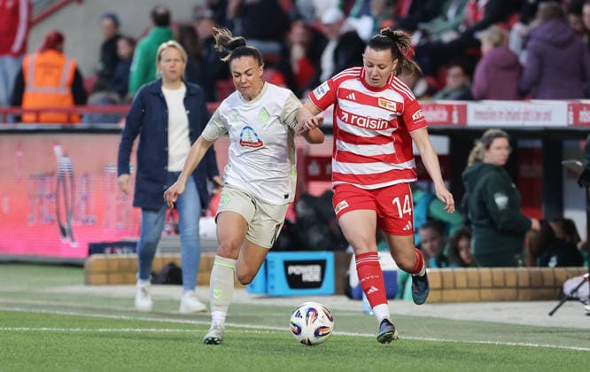 Maja Sternad, Hannah Eurlings Zweikampf Spielzene Action Sport Fußball Frauen Frauen Bundesliga 21 Spieltag Saison 2025 2026 23 03 2026 1 FC Union Berlin vs SV Werder Bremen DFL regulations prohibit any use of photographs as image sequences and or quasi video