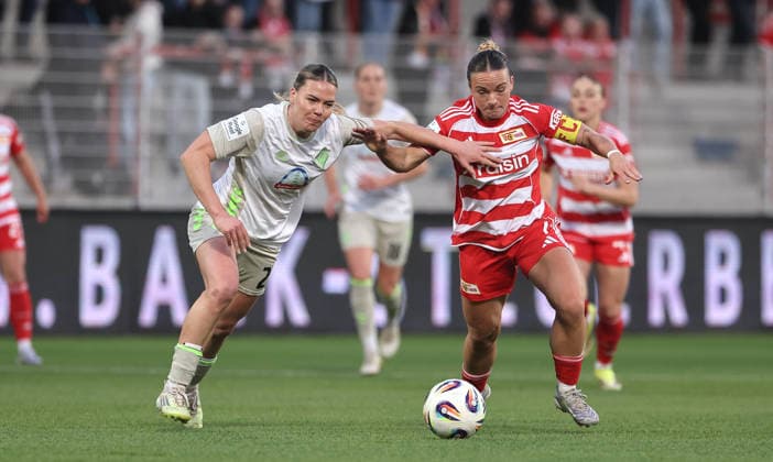 Juliane Wirtz, Lisa Heiseler duel match scene Action Sport Football Soccer Women Womens Bundesliga 21 Matchday Season 2025 2026 23 03 2026 1 FC Union Berlin vs SV Werder Bremen DFL regulations prohibit any use of photographs as image sequences and or quasi video