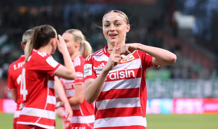 Lia Kamber cheers after scoring 1 0 Joy Emotion Cheering Sport Football Soccer Women Womens Bundesliga 21 Matchday Season 2025 2026 23 03 2026 1 FC Union Berlin vs SV Werder Bremen DFL regulations prohibit any use of photographs as image sequences and or quasi video