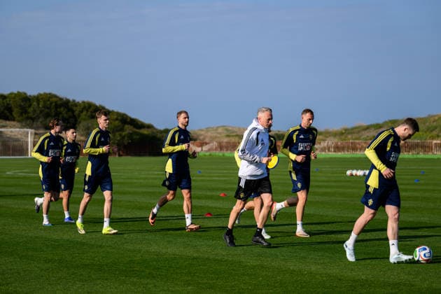 260323 Mattias Svanberg, Roony Bardghji, Williot Swedberg, Gustav Lundgren, Gustaf Nilsson and Gabriel Gudmundsson of the Swedish national football team during a training session on March 23, 2026 in Valencia Photo Joel Marklund BILDBYRAN kod JM JM0804 bbeng fotboll football soccer fotball vm kval fifa world cup qualifier qualifier träning practice training sverige sweden sverige a  Copyright: JOELxMARKLUND BB260323JM093