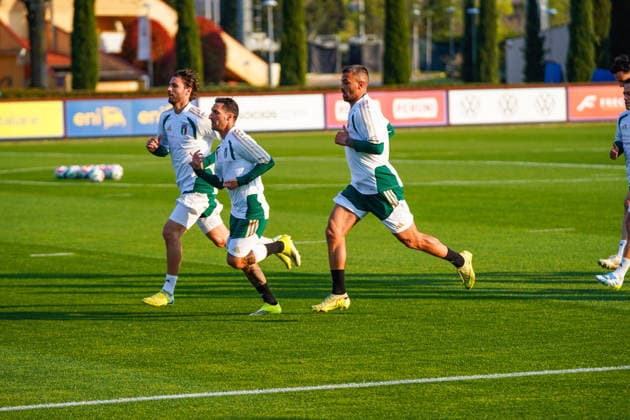 Leonardo Spinazzola and Matteo Politano during the Italia team training at federal technical center of Coverciano, Florence, Italy - March 23, 2026. - Soccer  Copyright: xLaPressex