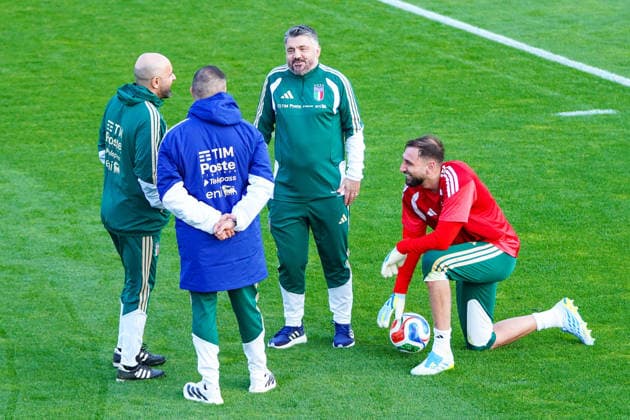 Gennaro Gattuso with Gianluigi Donnarumma during the Italia team training at federal technical center of Coverciano, Florence, Italy - March 23, 2026. - Soccer  Copyright: xLaPressex