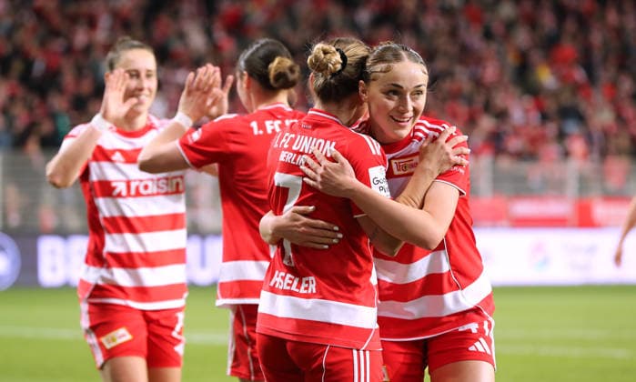 Lisa Heiseler celebrates after scoring the 3-0 goal with Lia Kamber Joy Emotion Cheering Sport Football Soccer Women Womens Bundesliga 21 Matchday Season 2025 2026 23 03 2026 1 FC Union Berlin vs SV Werder Bremen DFL regulations prohibit any use of photographs as image sequences and or quasi video