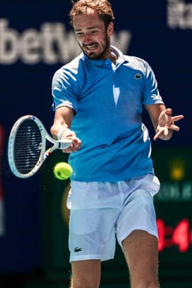 March 23, 2026, Miami Gardens, Florida, USA: Daniil Medvedev hits a forehand shot to Francisco Cerundolo (not pictured) during the men s third round singles match at the 2026 Miami Open presented by Itau at Hard Rock Stadium. Miami Gardens USA - ZUMAw109 20260323_fap_w109_005 Copyright: xDebbyxWongx