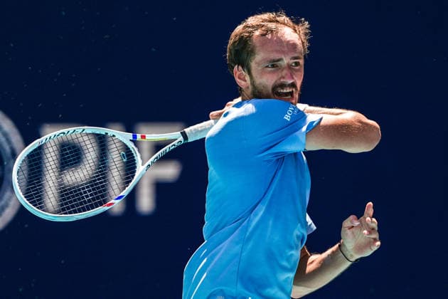 March 23, 2026, Miami Gardens, Florida, USA: Daniil Medvedev hits a forehand shot to Francisco Cerundolo (not pictured) during the men s third round singles match at the 2026 Miami Open presented by Itau at Hard Rock Stadium. Miami Gardens USA - ZUMAw109 20260323_fap_w109_006 Copyright: xDebbyxWongx