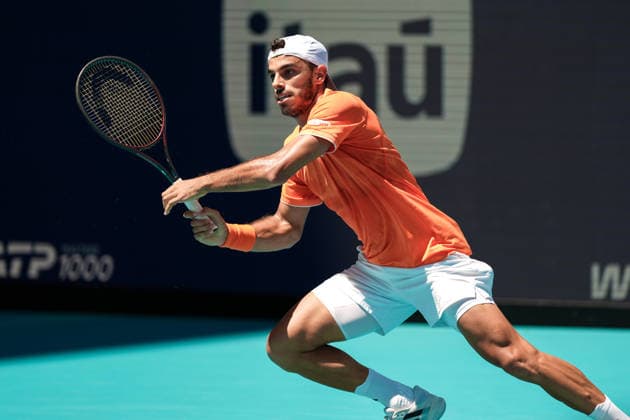 March 23, 2026, Miami Gardens, Florida, USA: Francisco Cerundolo (ARG) hits a forehand shot to Daniil Medvedev (not pictured) during the men s third round singles match at the 2026 Miami Open presented by Itau at Hard Rock Stadium. Miami Gardens USA - ZUMAw109 20260323_fap_w109_008 Copyright: xDebbyxWongx