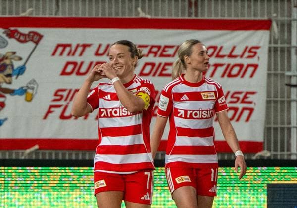 Soccer, Women, Season 2025 2026, Google Pixel Women Bundesliga 21 Matchday , 1 FC Union Berlin Werder Bremen, f l Lisa Heiseler 1 Women 1 FC Union , Judith Steinert 1 Women 1 FC Union , Cheering after goal to 3 0, 23 03 2026, Copyright: xMatthiasxKochx