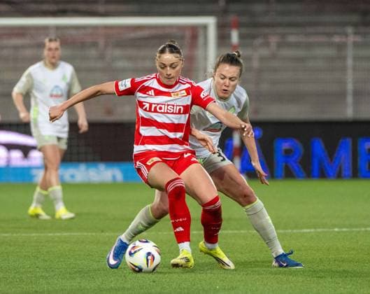Soccer, Women, Season 2025 2026, Google Pixel Women Bundesliga 21 Matchday , 1 FC Union Berlin Werder Bremen, v l Lia Kamber 1 Women 1 FC Union , Mara Alber Werder Bremen , 23 03 2026, Copyright: xMatthiasxKochx