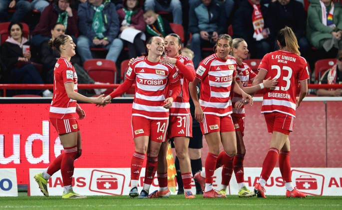 Hannah Eurlings 14 celebrates with teammates after scoring the 4-0 goal Sport Football Soccer Women Womens Bundesliga 21 Matchday Season 2025 2026 23 03 2026 1 FC Union Berlin vs SV Werder Bremen DFL regulations prohibit any use of photographs as image sequences and or quasi video
