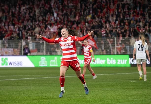 Soccer, Women, Season 2025 2026, Google Pixel Women Bundesliga 21 Matchday , 1 FC Union Berlin Werder Bremen, Hannah Eurlings 1 Women 1 FC Union , Cheering after goal to 4 0, 23 03 2026, Copyright: xMatthiasxKochx