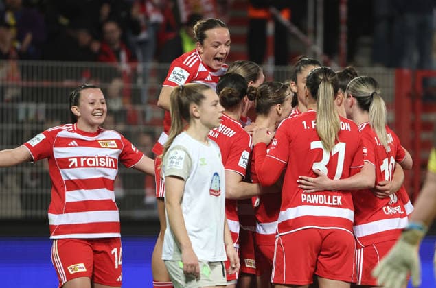 Amber Tysiak celebrates with teammates after scoring the 2-0 goal Sport Football Soccer Women Womens Bundesliga 21 Matchday Season 2025 2026 23 03 2026 1 FC Union Berlin vs SV Werder Bremen DFL regulations prohibit any use of photographs as image sequences and or quasi video