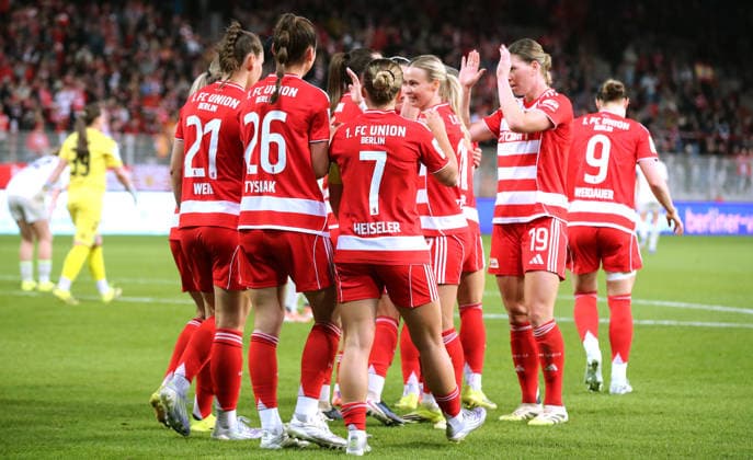 Lisa Heiseler 7 cheers with teammates after scoring 3 0 Sport Football Soccer Women Womens Bundesliga 21 Matchday Season 2025 2026 23 03 2026 1 FC Union Berlin vs SV Werder Bremen DFL regulations prohibit any use of photographs as image sequences and or quasi video