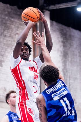 Barmer 2 Basketball Bundesliga ProA RheinStars Cologne vs Phoenix Hagen, 23 03 2026 Kenny Andre Calliste Keannou Baptiste RheinStars Cologne, 39 in the throw, Marvin Omonigho Omuvwie Phoenix Hagen, 11 Barmer 2 Basketball Bundesliga ProA RheinStars Cologne vs Phoenix Hagen, Cologne, Motorworld on 23 03 2026 Copyright: xBEAUTIFULxSPORTS Wunderlx