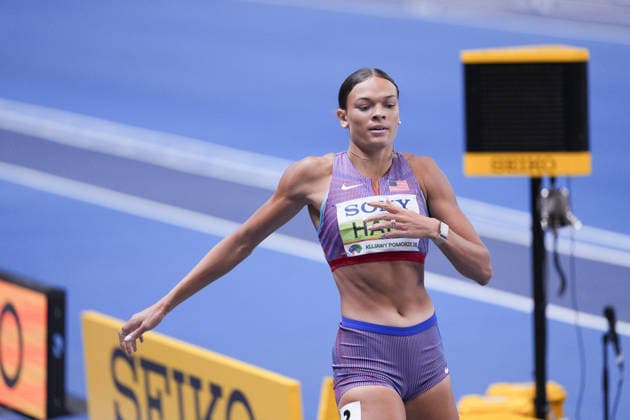 POL: World Athletics Indoor Championships Kujawy Pomorze 2026 - Day 3 at Kujawsko-Pomorska Arena Torun in Torun, Poland on 22 March 2026 TORUN, POLAND - MARCH 22: Anna Hall of United States is the first to cross the finish line of the Women s 800 Meters - Pentathlon event at the World Athletics Indoor Championships Kujawy Pomorze 2026 - Day 3 on 22 March 2026. Copyright: xAlexandraxFechetex