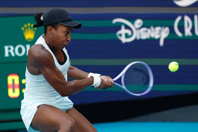 MIAMI GARDENS, FL - MARCH 23: Coco Gauff (USA) in action during a women™s third round singles match against Sorana Cirstea (ROU) at the Miami Open on March 23, 2026, at Hard Rock Stadium in Miami Gardens, Florida,(Photo by Chris Arjoon Icon Sportswire) TENNIS: MAR 23 Miami Open EDITORIAL USE ONLY Icon2603230010071