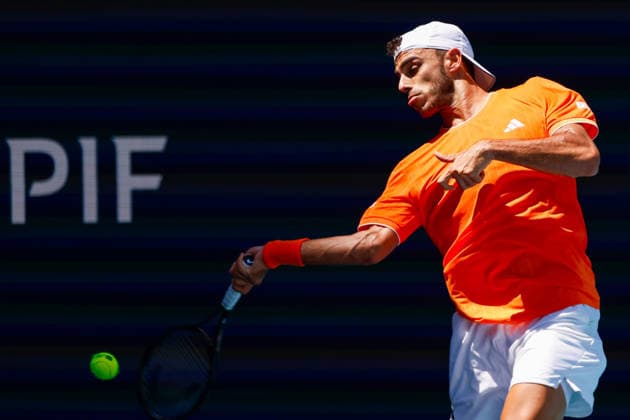 MIAMI GARDENS, FL - MARCH 23: Francisco Cerundolo (ARG) in action during a men™s third round singles match against Daniil Medvedev at the Miami Open on March 23, 2026, at Hard Rock Stadium in Miami Gardens, Florida,(Photo by Chris Arjoon Icon Sportswire) TENNIS: MAR 23 Miami Open EDITORIAL USE ONLY Icon2603230010003