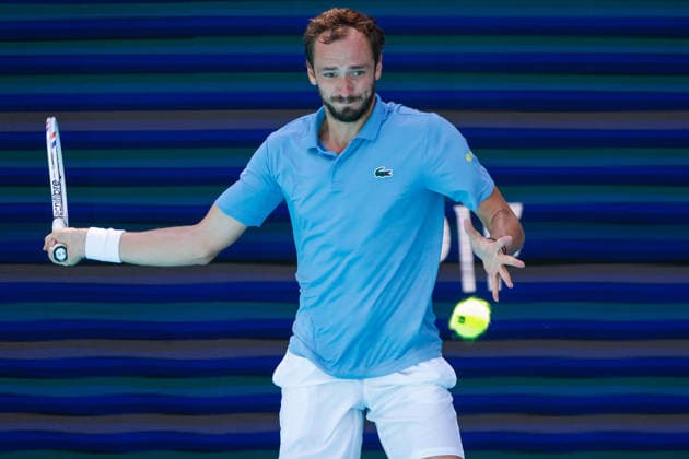 MIAMI GARDENS, FL - MARCH 23: Daniil Medvedev in action during a men™s third round singles match against Francisco Cerundolo (ARG) at the Miami Open on March 23, 2026, at Hard Rock Stadium in Miami Gardens, Florida,(Photo by Chris Arjoon Icon Sportswire) TENNIS: MAR 23 Miami Open EDITORIAL USE ONLY Icon2603230010007