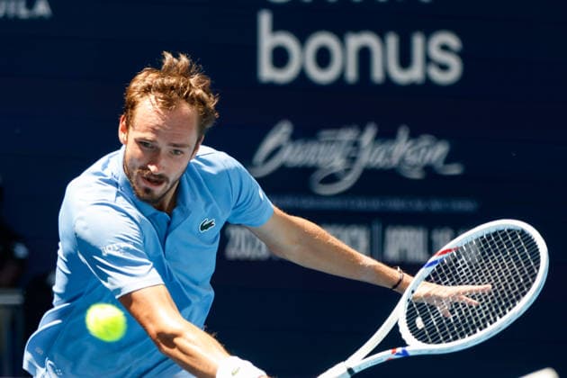 MIAMI GARDENS, FL - MARCH 23: Daniil Medvedev in action during a men™s third round singles match against Francisco Cerundolo (ARG) at the Miami Open on March 23, 2026, at Hard Rock Stadium in Miami Gardens, Florida,(Photo by Chris Arjoon Icon Sportswire) TENNIS: MAR 23 Miami Open EDITORIAL USE ONLY Icon2603230010041