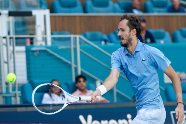 MIAMI GARDENS, FL - MARCH 23: Daniil Medvedev in action during a men™s third round singles match against Francisco Cerundolo (ARG) at the Miami Open on March 23, 2026, at Hard Rock Stadium in Miami Gardens, Florida,(Photo by Chris Arjoon Icon Sportswire) TENNIS: MAR 23 Miami Open EDITORIAL USE ONLY Icon2603230010044