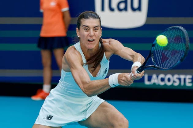 MIAMI GARDENS, FL - MARCH 23: Sorana Cirstea (ROU) in action during a women™s third round singles match against Coco Gauff (USA) at the Miami Open on March 23, 2026, at Hard Rock Stadium in Miami Gardens, Florida,(Photo by Chris Arjoon Icon Sportswire) TENNIS: MAR 23 Miami Open EDITORIAL USE ONLY Icon2603230010064