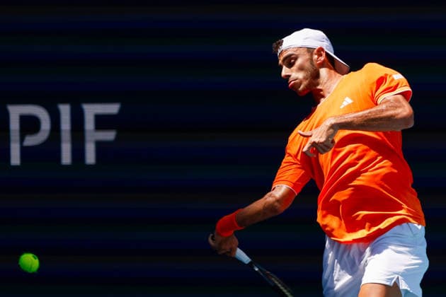 MIAMI GARDENS, FL - MARCH 23: Francisco Cerundolo (ARG) in action during a men™s third round singles match against Daniil Medvedev at the Miami Open on March 23, 2026, at Hard Rock Stadium in Miami Gardens, Florida,(Photo by Chris Arjoon Icon Sportswire) TENNIS: MAR 23 Miami Open EDITORIAL USE ONLY Icon2603230010002