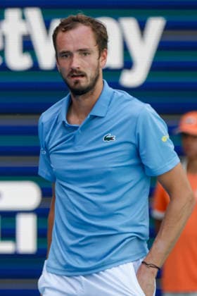 MIAMI GARDENS, FL - MARCH 23: Daniil Medvedev in action during a men™s third round singles match against Francisco Cerundolo (ARG) at the Miami Open on March 23, 2026, at Hard Rock Stadium in Miami Gardens, Florida,(Photo by Chris Arjoon Icon Sportswire) TENNIS: MAR 23 Miami Open EDITORIAL USE ONLY Icon2603230010018