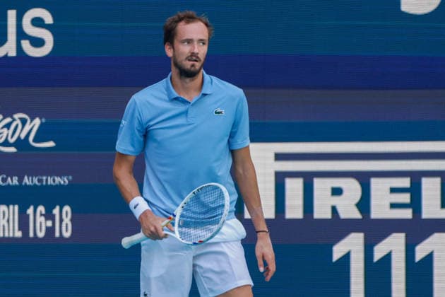 MIAMI GARDENS, FL - MARCH 23: Daniil Medvedev in action during a men™s third round singles match against Francisco Cerundolo (ARG) at the Miami Open on March 23, 2026, at Hard Rock Stadium in Miami Gardens, Florida,(Photo by Chris Arjoon Icon Sportswire) TENNIS: MAR 23 Miami Open EDITORIAL USE ONLY Icon2603230010022