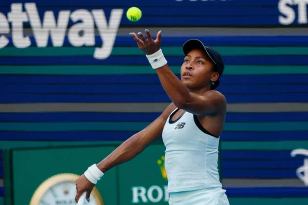 MIAMI GARDENS, FL - MARCH 23: Coco Gauff (USA) in action during a women™s third round singles match against Sorana Cirstea (ROU) at the Miami Open on March 23, 2026, at Hard Rock Stadium in Miami Gardens, Florida,(Photo by Chris Arjoon Icon Sportswire) TENNIS: MAR 23 Miami Open EDITORIAL USE ONLY Icon2603230010046