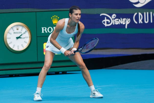 MIAMI GARDENS, FL - MARCH 23: Sorana Cirstea (ROU) in action during a women™s third round singles match against Coco Gauff (USA) at the Miami Open on March 23, 2026, at Hard Rock Stadium in Miami Gardens, Florida,(Photo by Chris Arjoon Icon Sportswire) TENNIS: MAR 23 Miami Open EDITORIAL USE ONLY Icon2603230010065