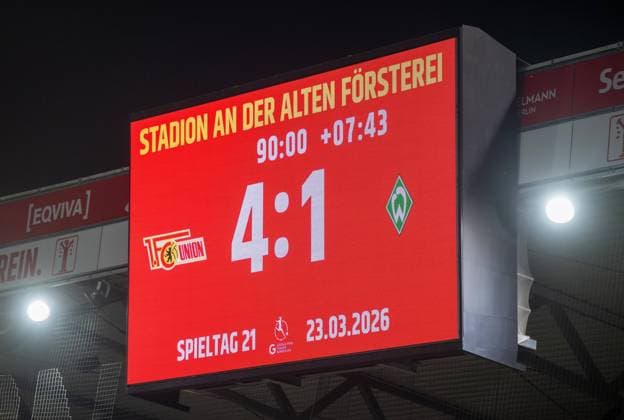 Soccer, Women, Season 2025 2026, Google Pixel Women Bundesliga 21 Matchday , 1 FC Union Berlin Werder Bremen, Scoreboard with 4 1 final score, 23 03 2026, Copyright: xMatthiasxKochx