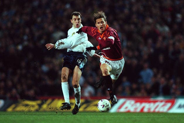 Leeds United V As Roma, UEFA Cup 4th Round 2nd Leg Francesco Totti of As Roma and Jason Wilcox of Leeds United challenge during the UEFA Cup 4th Round 2nd Leg match between Leeds United and As Roma at Elland Road on March 9, 2000 in Leeds, England. Leeds Elland Road England United Kingdom Copyright: xAllstarxPicturexLibraryxLtdx