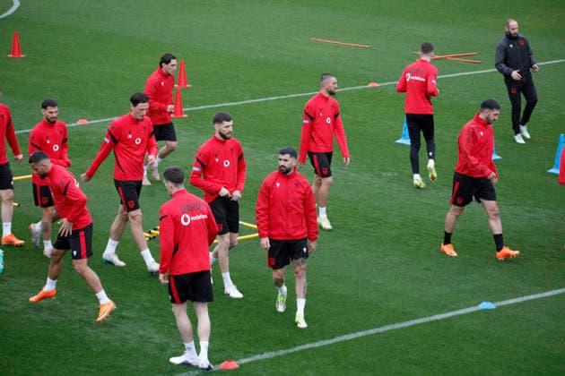 FIFA World Cup, WM, Weltmeisterschaft, Fussball UEFA Qualifiers Poland vs Albania, in Tirana, Albania, 23 March 2026. Albanian national team, Nationalteam football players, Elseid Hysaj, Naser Aliji, attends a training session in Tirana on March 23, 2026, on the eve of the FIFA World Cup 2026 qualifier semi-final football match between Poland and Albania in Warsaw, Poland. Light Studio Agency Malton Dibra TIRANE ALBANIA Copyright: xMaltonxDibrax