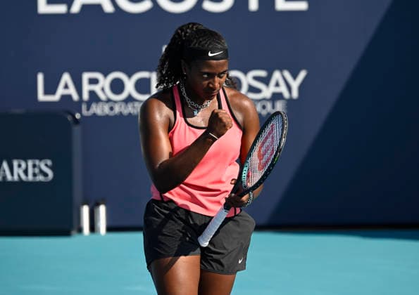 MIAMI GARDENS, FL - MARCH 23: Hailey Baptiste of the United States reacts after winning the point, against, Jelena Ostapenko of Latvia on Day 7 of the Miami Open Presented by Itau at Hard Rock Stadium on March 23, 2026 in Miami Gardens, Florida. (Photo by Michele Eve Sandberg Icon Sportswire) TENNIS: MAR 23 Miami Open EDITORIAL USE ONLY Icon26032327
