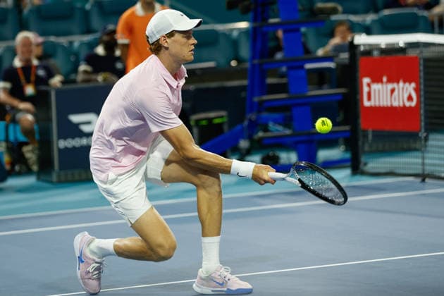 MIAMI GARDENS, FL - MARCH 23: Jannik Sinner (ITA) in action during a men™s third round singles match against Corentin Moutet (FRA) at the Miami Open on March 23, 2026, at Hard Rock Stadium in Miami Gardens, Florida,(Photo by Chris Arjoon Icon Sportswire) TENNIS: MAR 23 Miami Open EDITORIAL USE ONLY Icon2603230010144