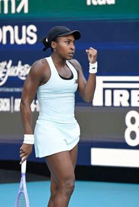 MIAMI GARDENS, FL - MARCH 23: Coco Gauff (USA), reacts, after winning the point, against, Sorana Cirstea (ROU), on Day 7 of the Miami Open Presented by Itau at Hard Rock Stadium on March 23, 2026 in Miami Gardens, Florida. (Photo by Michele Eve Sandberg Icon Sportswire) TENNIS: MAR 23 Miami Open EDITORIAL USE ONLY Icon26032315