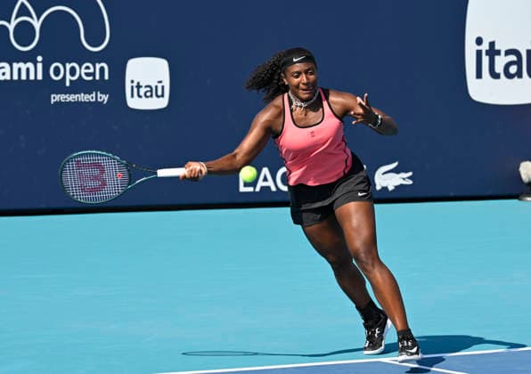 MIAMI GARDENS, FL - MARCH 23: Hailey Baptiste of the United States returns a shot to Jelena Ostapenko of Latvia on Day 7 of the Miami Open Presented by Itau at Hard Rock Stadium on March 23, 2026 in Miami Gardens, Florida. (Photo by Michele Eve Sandberg Icon Sportswire) TENNIS: MAR 23 Miami Open EDITORIAL USE ONLY Icon26032323