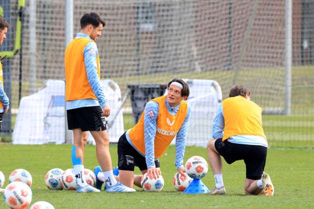 DEU, DFL, 2 FBL Hertha BSC, Training, 24 03 2026, Sportforum, Berlin, DEU, DFL, 2 FBL Hertha BSC, Training, in the picture Fabian Reese Hertha BSC Berlin 11 , Josip Brekalo Hertha BSC Berlin 7 , Leon Jensen Hertha BSC Berlin 5 DFL regulations prohibit any use of Photographs as image sequences and or quasi video nordphotoxGmbHx xEngler nph00076