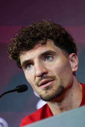 Belgium s Thomas Meunier pictured during a press conference, PK, Pressekonferenz of the Red Devils, the Belgian national soccer team, in Tubize on Tuesday 24 March 2026. The team is preparing for its friendly games against the United States and Mexico. These games are preparation games of the 2026 World Cup. BRUNOxFAHY  x168763048x