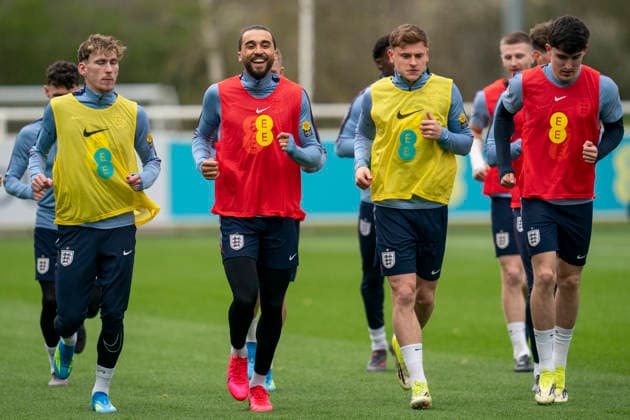 England Training & Media James Garner, Dominic Calvert-Lewin, Harvey Barnes and Tino Livramento during the England training session at St. George s Park, Burton upon Trent, England on 24 March 2026 Credit: Alex Young Every Second Media Editorial use only. All images are copyright Every Second Media Limited. No images may be reproduced without prior permission. Copyright: xIMAGO EveryxSecondxMediax ESM-1876-0049 AlexxYoungx xEveryxSecondxMediax